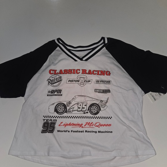 Disney Tops - Disney Pixar Cars Lightning McQueen Racing Raglan T-Shirt White Black Womens L